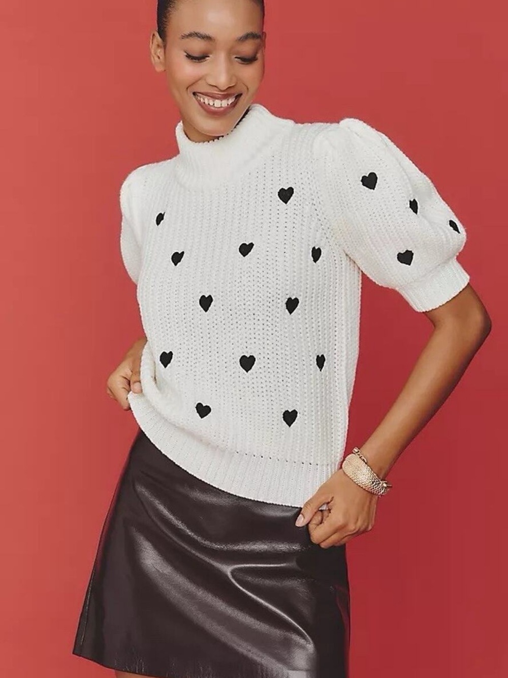 English Factory Heart Embroidered Puff Sleeve Sweater cream black valentines med